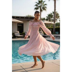 Anna-Kaci Pink Swiss Dot Dress Smocked Off-Shoulder Boho Fairycore M Barbiecore